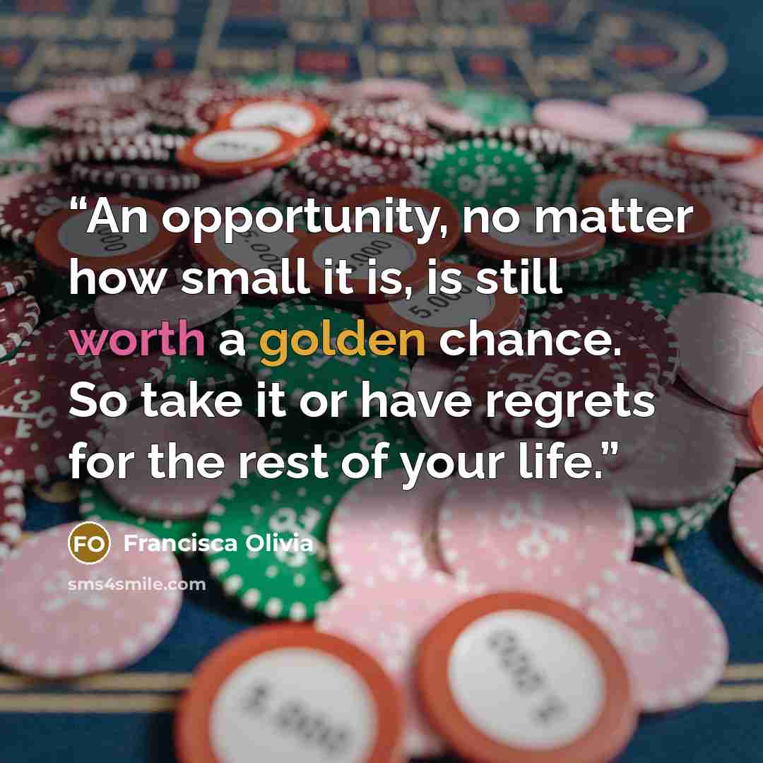 “An opportunity, no matter how small it is, is still worth a golden chance. So take it or have regrets for the rest of your life.” quote by Francisca Olivia