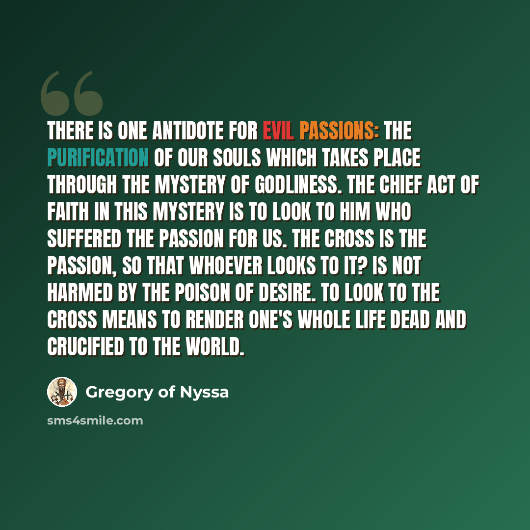 “There is one antidote for evil passions: the purification of our souls which takes place through the mystery of godliness. The chief act of faith in this mystery is to look to Him who suffered the passion for us. The cross is the passion, so that whoever looks to it? is not harmed by the poison of…” quote by Gregory of Nyssa