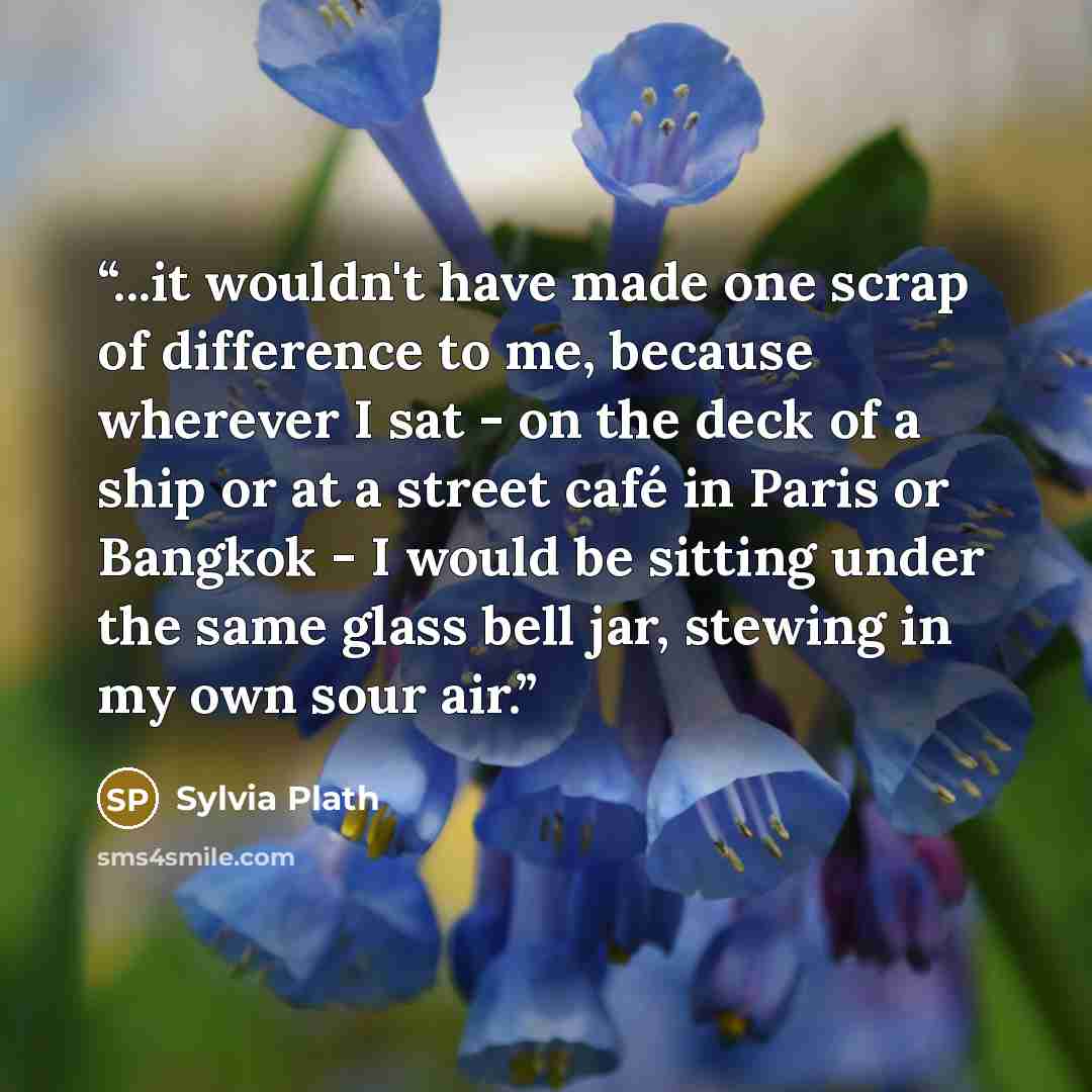 “...it wouldn't have made one scrap of difference to me, because wherever I sat - on the deck of a ship or at a street café in Paris or Bangkok - I would be sitting under the same glass bell jar, stewing in my own sour air.” quote by Sylvia Plath