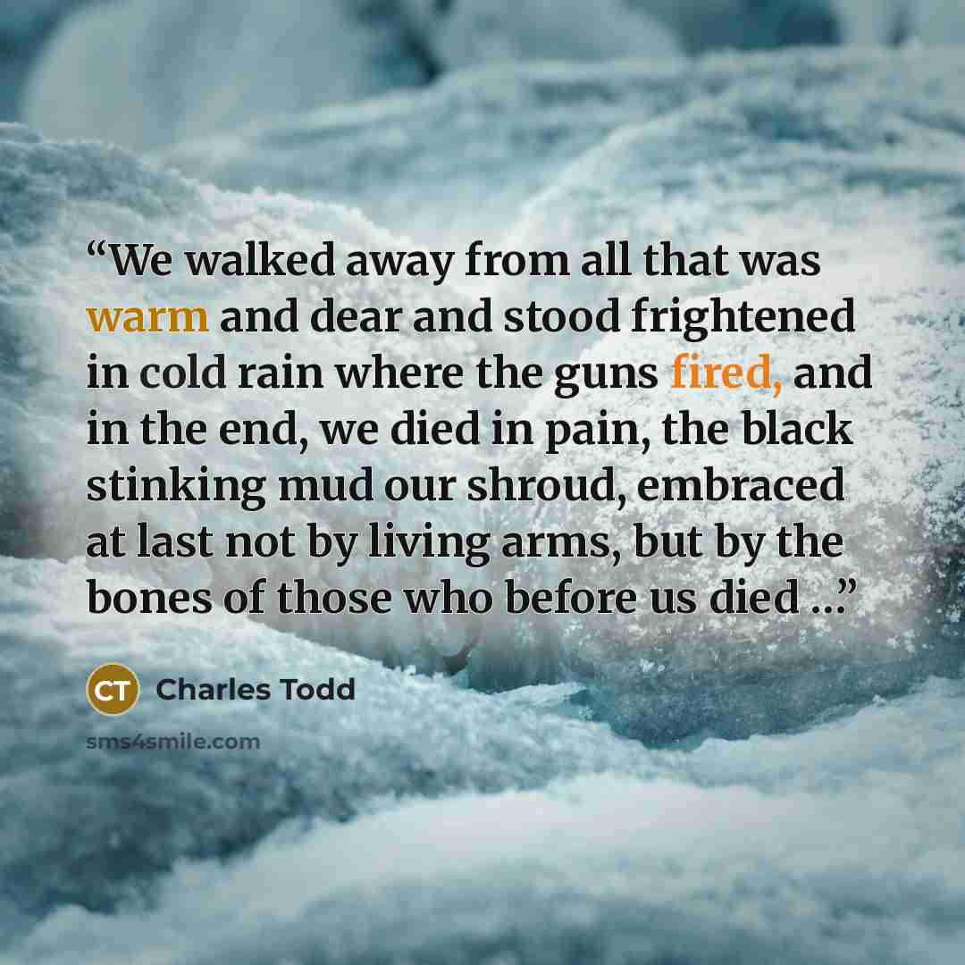 “We walked away from all that was warm and dear and stood frightened in cold rain where the guns fired, and in the end, we died in pain, the black stinking mud our shroud, embraced at last not by living arms, but by the bones of those who before us died …” quote by Charles Todd