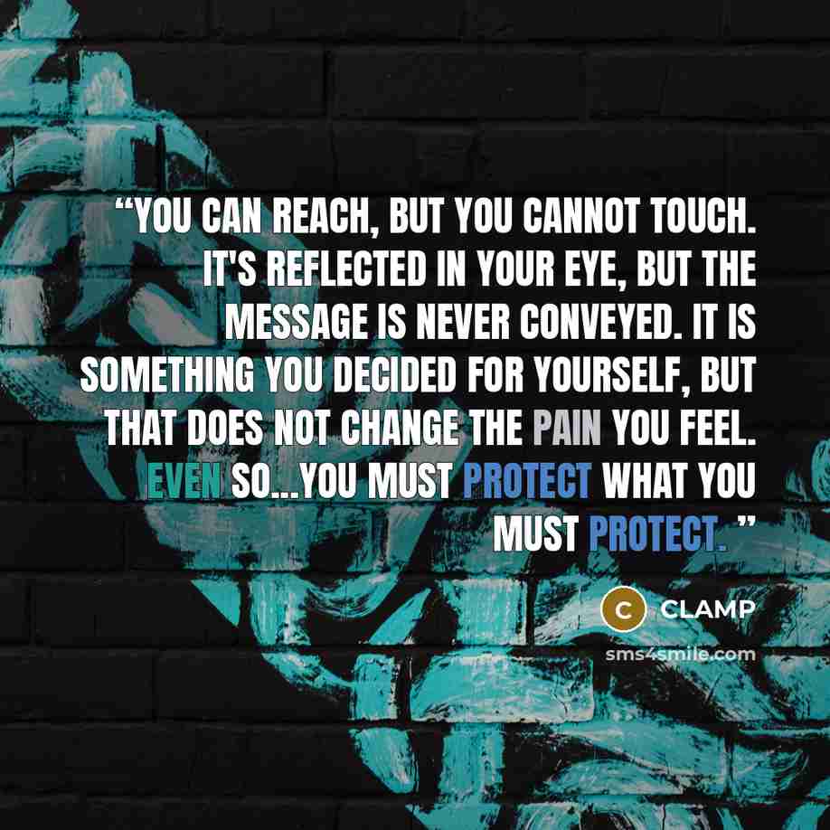 “You can reach, but you cannot touch. It's reflected in your eye, but the message is never conveyed. It is something you decided for yourself, but that does not change the pain you feel. Even so...you must protect what you must protect.” quote by Clamp