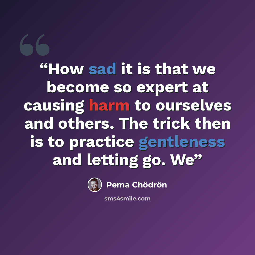 “How sad it is that we become so expert at causing harm to ourselves and others. The trick then is to practice gentleness and letting go. We” quote by Pema Chödrön