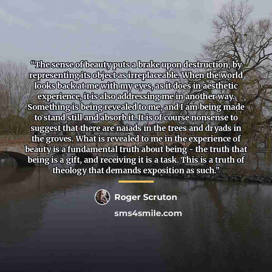 “The sense of beauty puts a brake upon destruction, by representing its object as irreplaceable. When the world looks back at me with my eyes, as it does in aesthetic experience, it is also addressing me in another way. Something is being revealed to me, and I am being made to stand still and…” quote by Roger Scruton