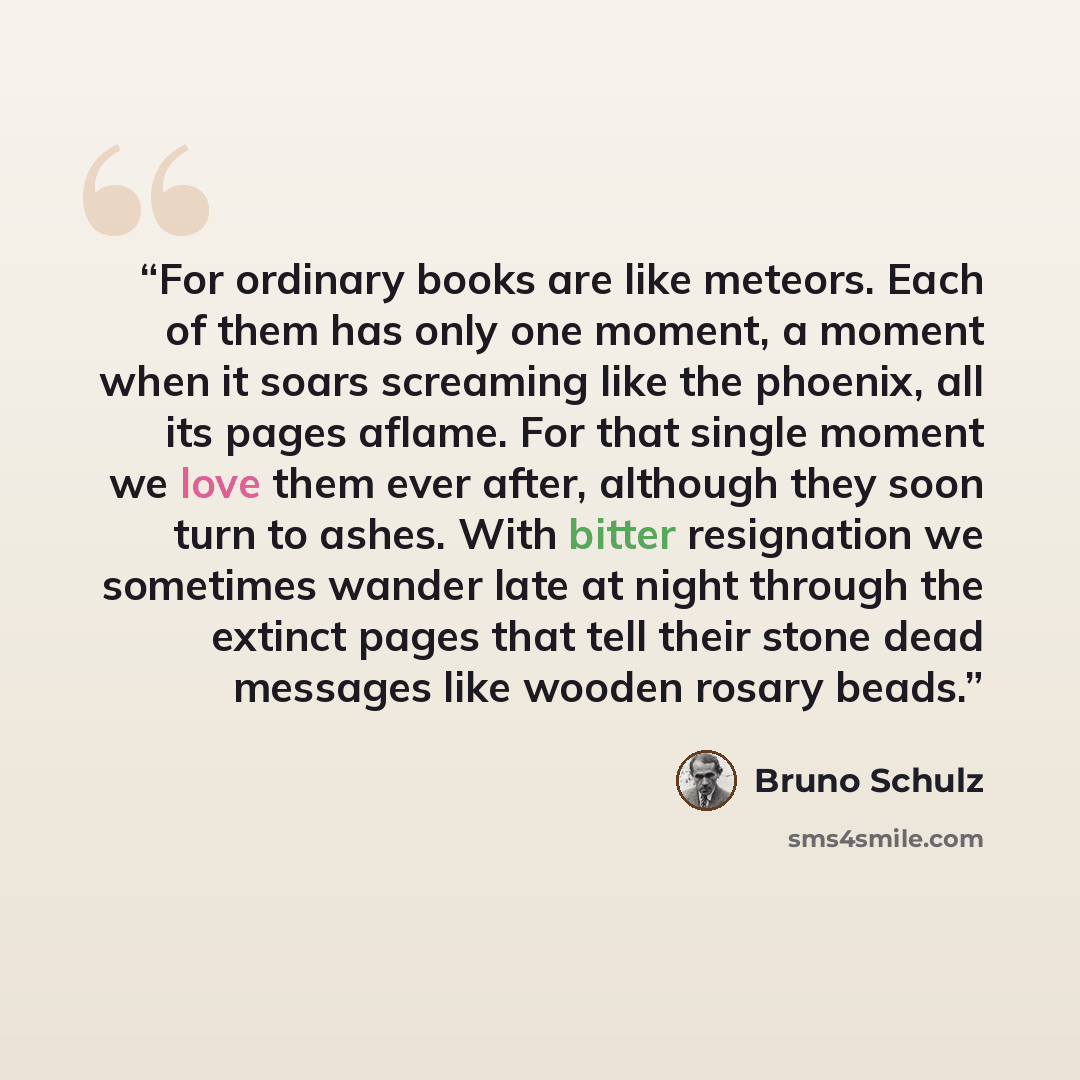 “For ordinary books are like meteors. Each of them has only one moment, a moment when it soars screaming like the phoenix, all its pages aflame. For that single moment we love them ever after, although they soon turn to ashes. With bitter resignation we sometimes wander late at night through the…” quote by Bruno Schulz