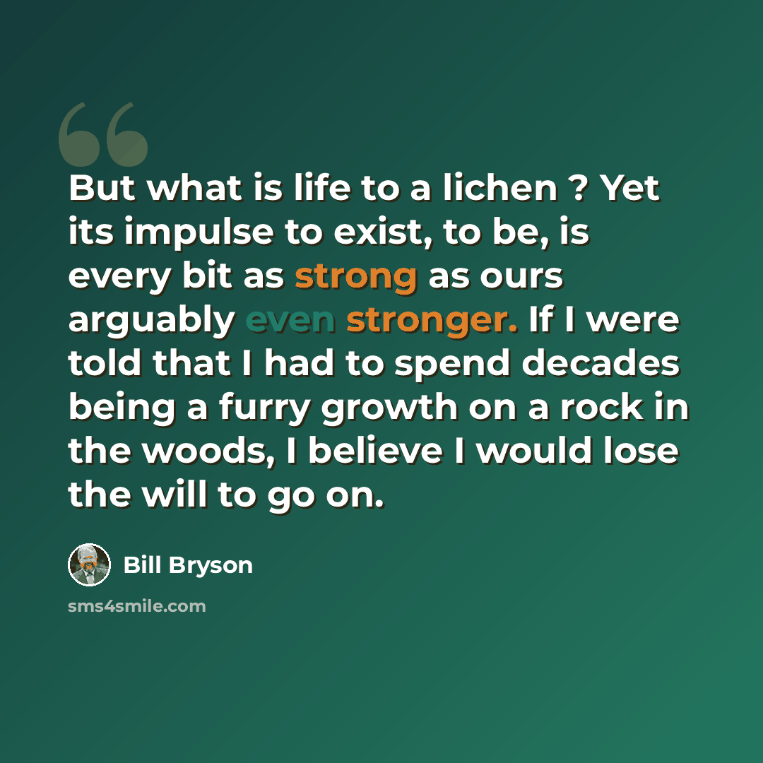 “But what is life to a lichen ? Yet its impulse to exist, to be, is every bit as strong as ours arguably even stronger. If I were told that I had to spend decades being a furry growth on a rock in the woods, I believe I would lose the will to go on.” quote by Bill Bryson