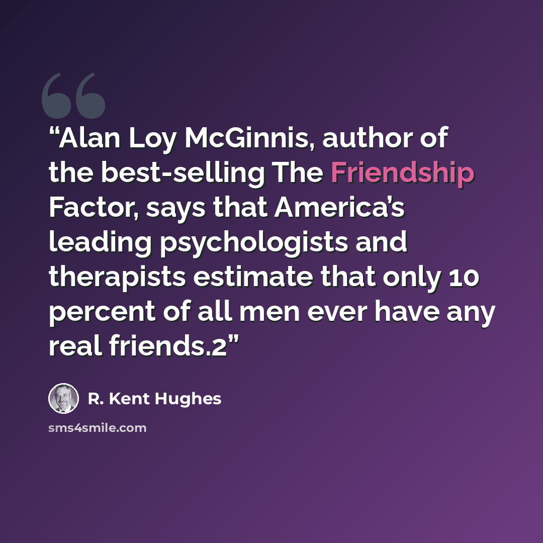 “Alan Loy McGinnis, author of the best-selling The Friendship Factor, says that America’s leading psychologists and therapists estimate that only 10 percent of all men ever have any real friends.2” quote by R. Kent Hughes