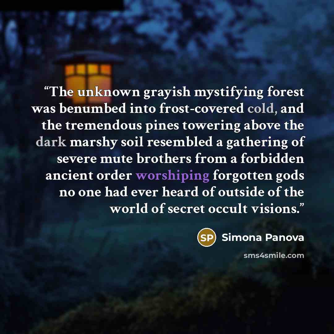 “The unknown grayish mystifying forest was benumbed into frost-covered cold, and the tremendous pines towering above the dark marshy soil resembled a gathering of severe mute brothers from a forbidden ancient order worshiping forgotten gods no one had ever heard of outside of the world of secret…” quote by Simona Panova