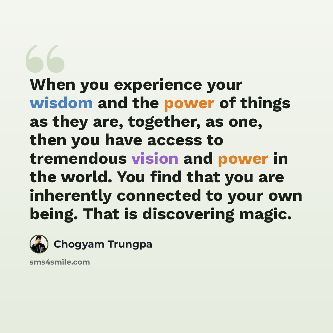 “When you experience your wisdom and the power of things as they are, together, as one, then you have access to tremendous vision and power in the world. You find that you are inherently connected to your own being. That is discovering magic.” quote by Chogyam Trungpa