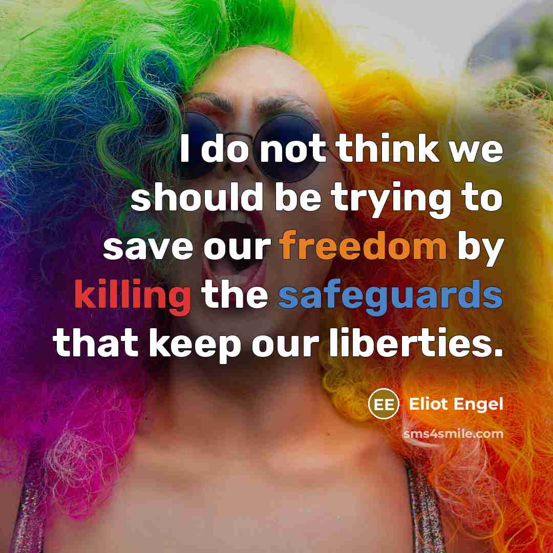 “I do not think we should be trying to save our freedom by killing the safeguards that keep our liberties.” quote by Eliot Engel