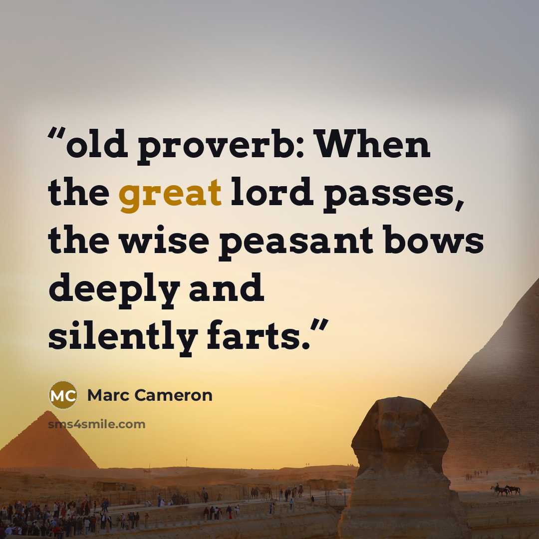 “old proverb: When the great lord passes, the wise peasant bows deeply and silently farts.” quote by Marc Cameron
