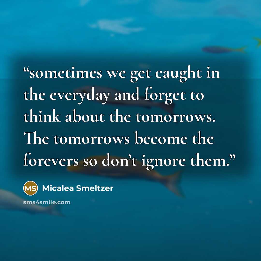 “sometimes we get caught in the everyday and forget to think about the tomorrows. The tomorrows become the forevers so don’t ignore them.” quote by Micalea Smeltzer