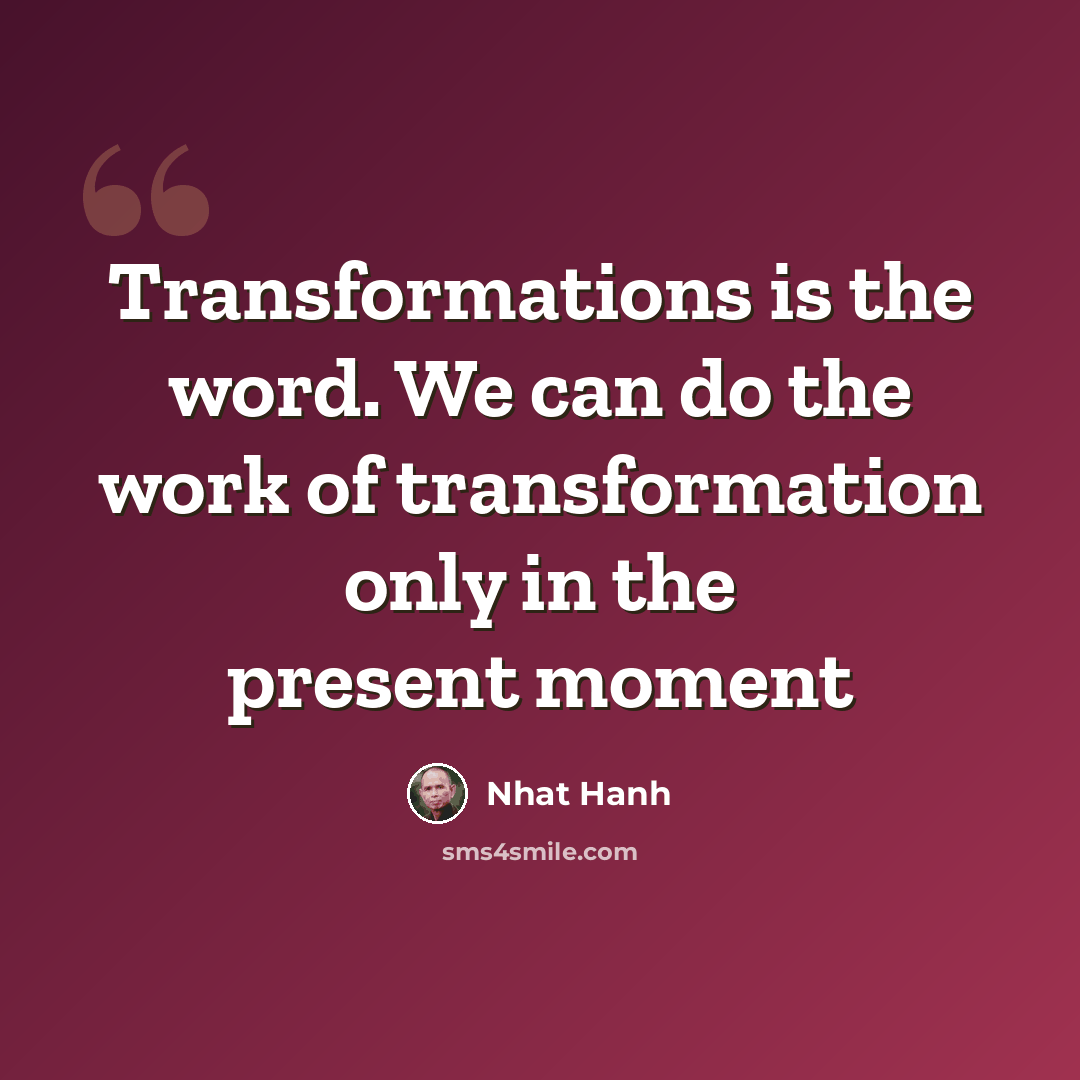 “Transformations is the word. We can do the work of transformation only in the present moment” quote by Nhat Hanh
