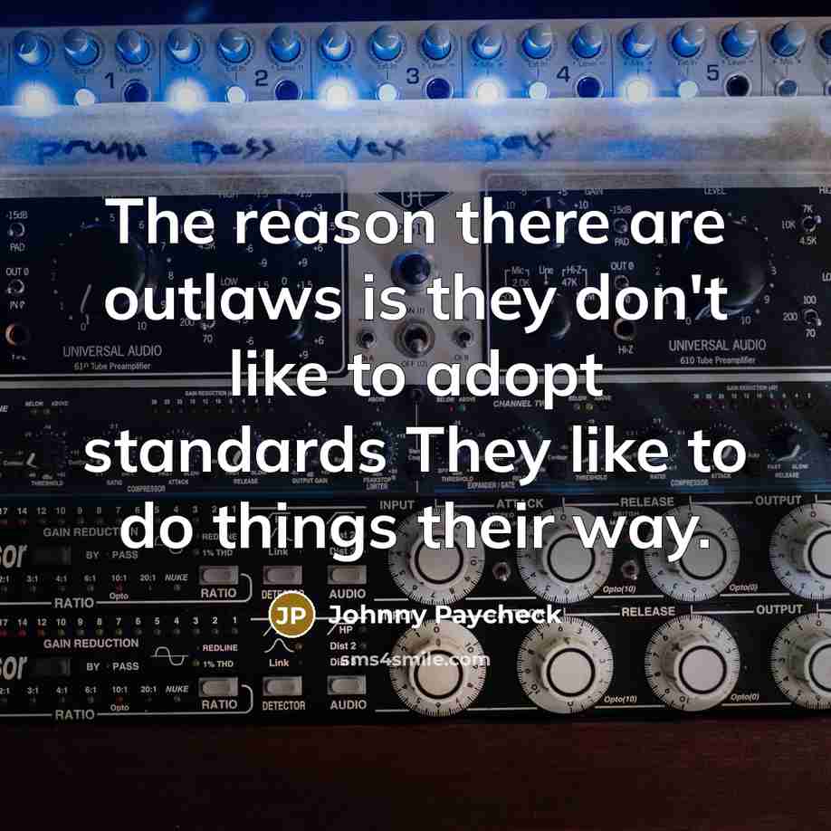 “The reason there are outlaws is they don't like to adopt standards They like to do things their way.” quote by Johnny Paycheck