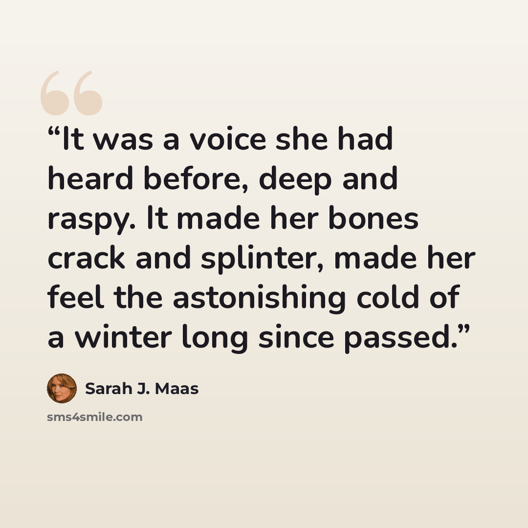 “It was a voice she had heard before, deep and raspy. It made her bones crack and splinter, made her feel the astonishing cold of a winter long since passed.” quote by Sarah J. Maas