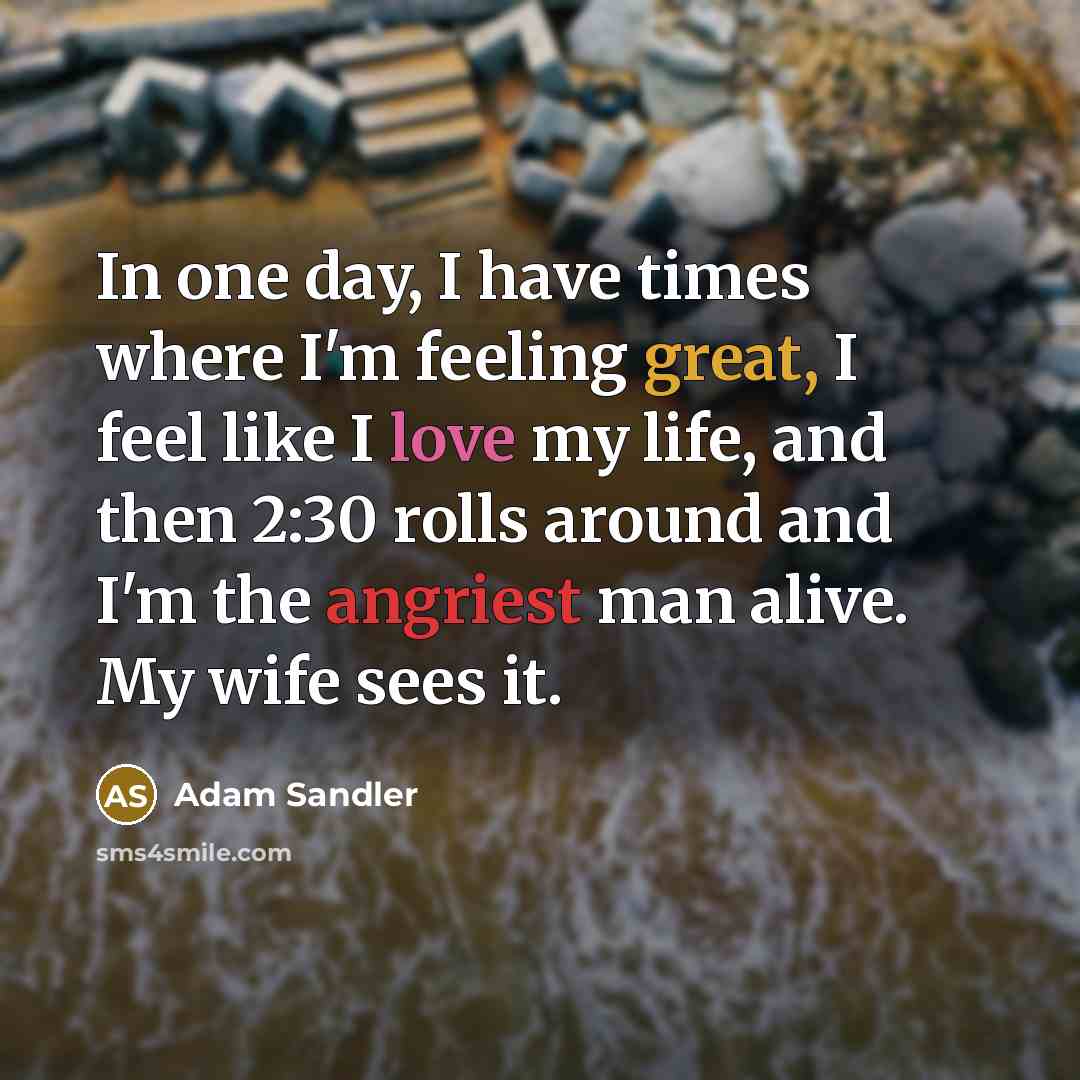 “In one day, I have times where I'm feeling great, I feel like I love my life, and then 2:30 rolls around and I'm the angriest man alive. My wife sees it.” quote by Adam Sandler