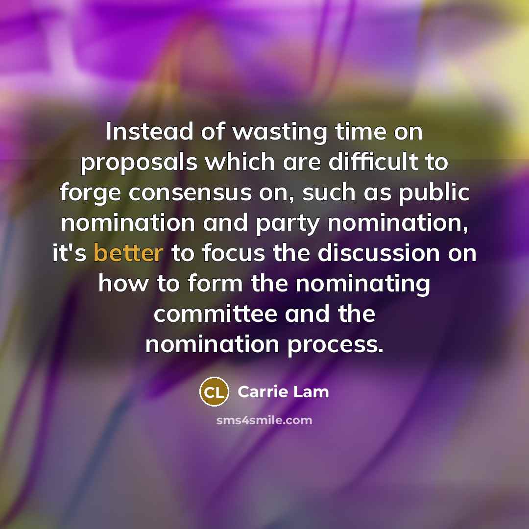 “Instead of wasting time on proposals which are difficult to forge consensus on, such as public nomination and party nomination, it's better to focus the discussion on how to form the nominating committee and the nomination process.” quote by Carrie Lam
