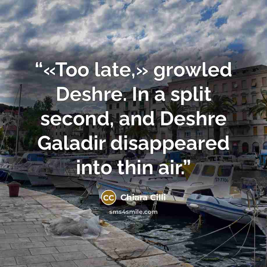 “«Too late,» growled Deshre. In a split second, and Deshre Galadir disappeared into thin air.” quote by Chiara Cilli
