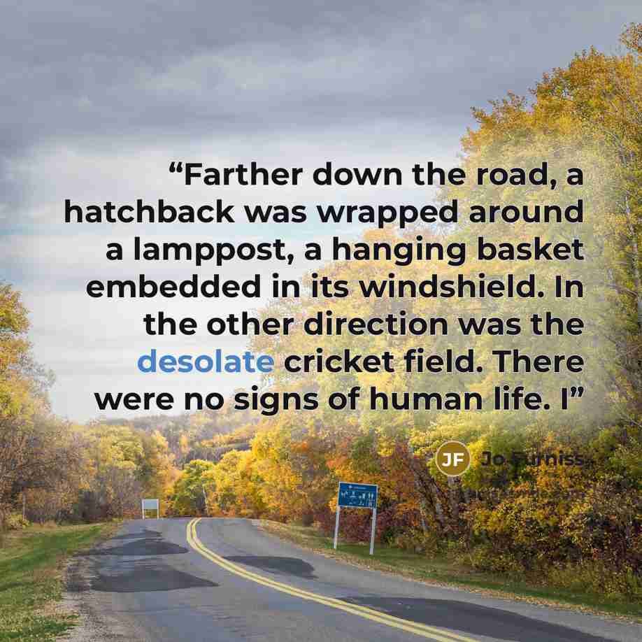 “Farther down the road, a hatchback was wrapped around a lamppost, a hanging basket embedded in its windshield. In the other direction was the desolate cricket field. There were no signs of human life. I” quote by Jo Furniss