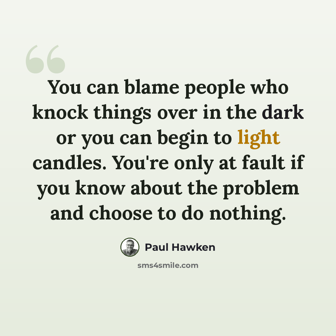 “You can blame people who knock things over in the dark or you can begin to light candles. You're only at fault if you know about the problem and choose to do nothing.” quote by Paul Hawken