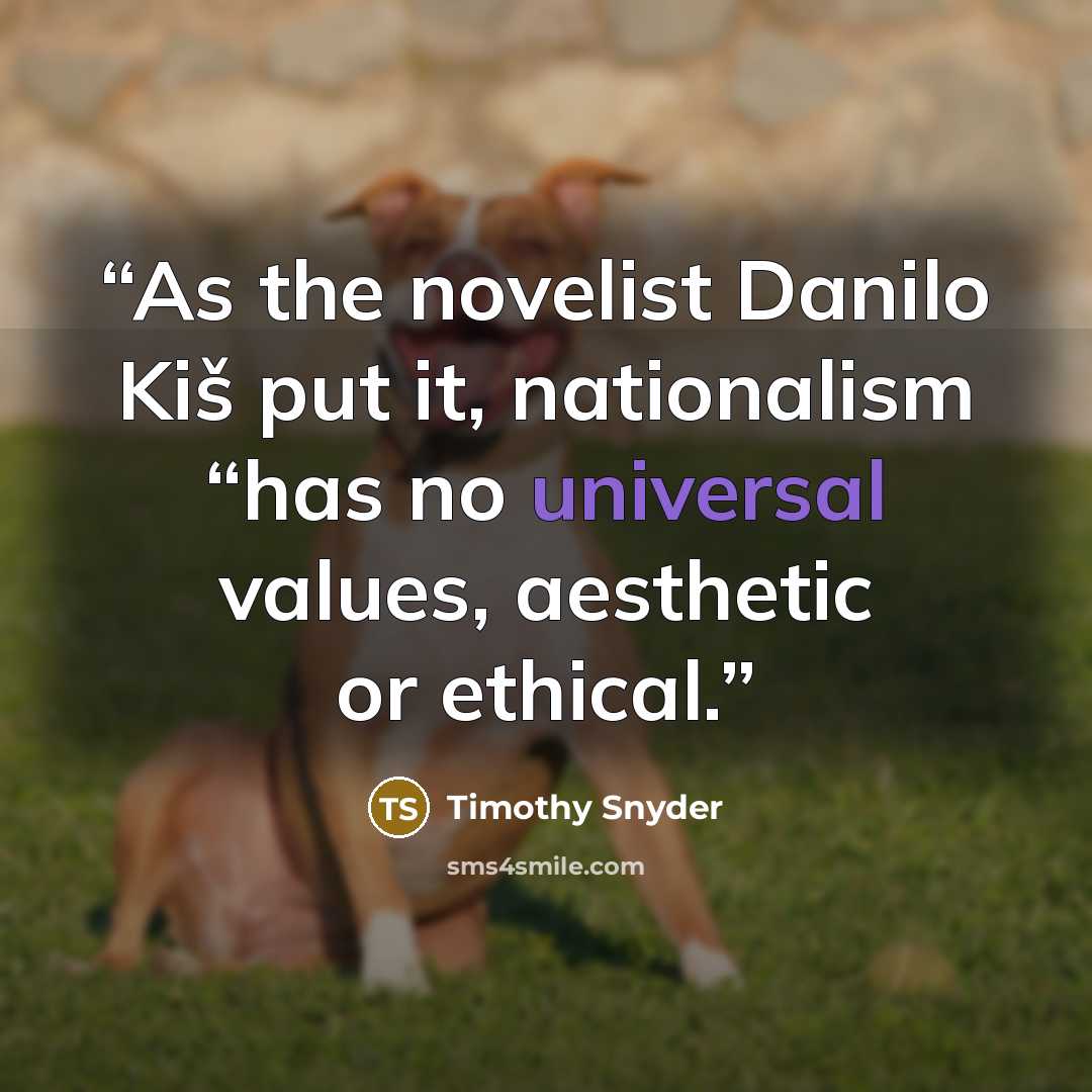 “As the novelist Danilo Kiš put it, nationalism “has no universal values, aesthetic or ethical.” quote by Timothy Snyder