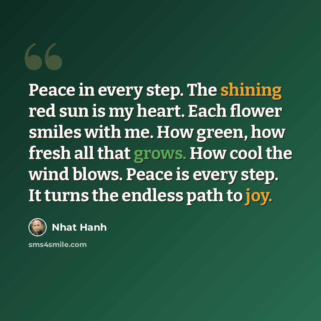 “Peace in every step. The shining red sun is my heart. Each flower smiles with me. How green, how fresh all that grows. How cool the wind blows. Peace is every step. It turns the endless path to joy.” quote by Nhat Hanh