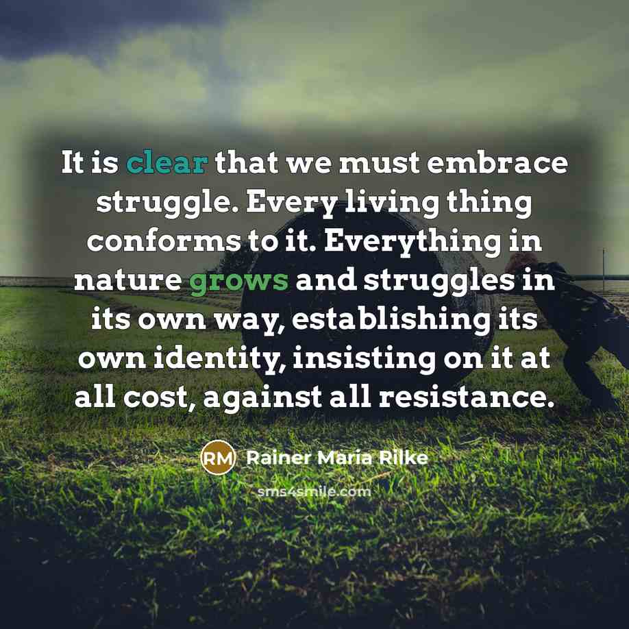 “It is clear that we must embrace struggle. Every living thing conforms to it. Everything in nature grows and struggles in its own way, establishing its own identity, insisting on it at all cost, against all resistance.” quote by Rainer Maria Rilke