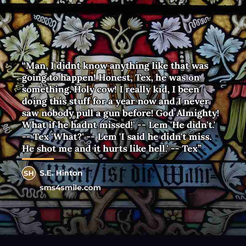 “Man, I didnt know anything like that was going to happen! Honest, Tex, he was on something. Holy cow! I really kid, I been doing this stuff for a year now and I never saw nobody pull a gun before! God Almighty! What if he hadnt missed!' -- Lem 'He didn't.' -- Tex 'What?' -- Lem 'I said he didn't…” quote by S.E. Hinton