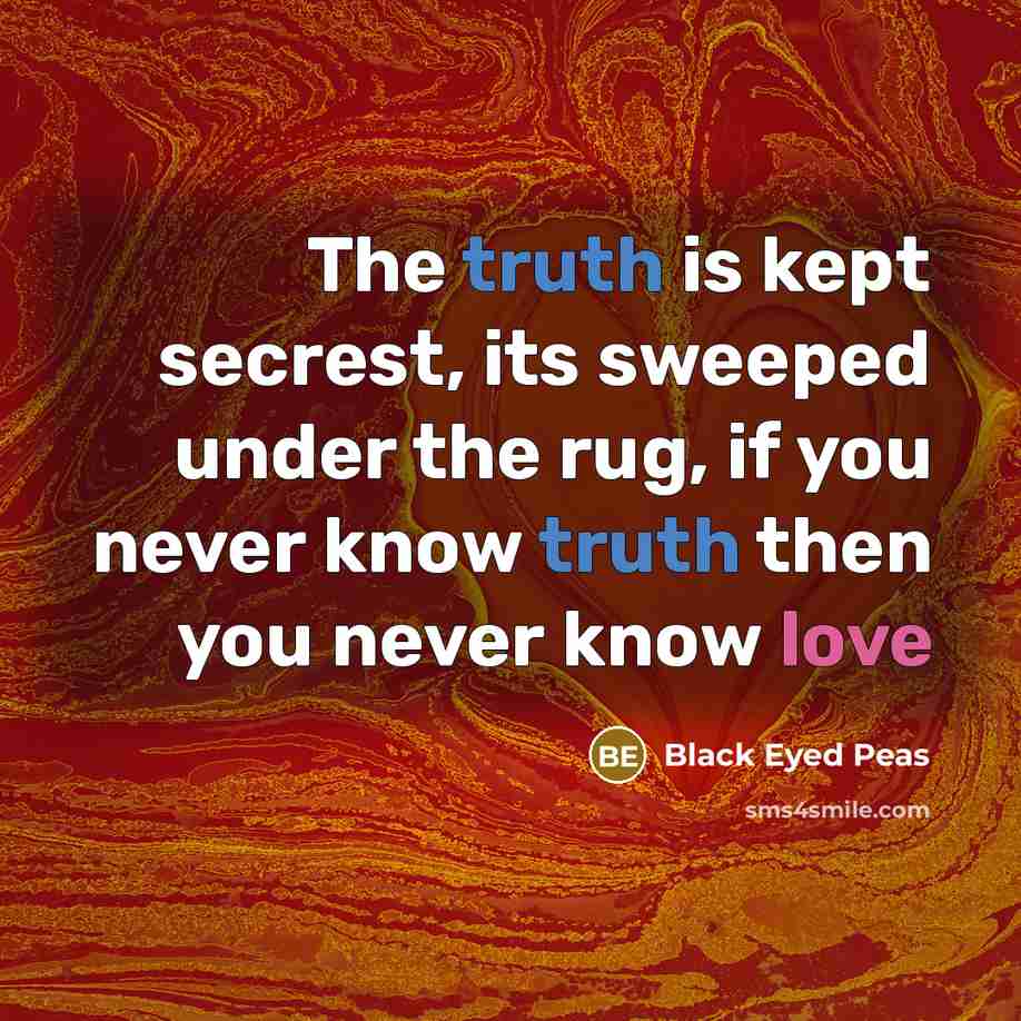 “The truth is kept secrest, its sweeped under the rug, if you never know truth then you never know love” quote by Black Eyed Peas