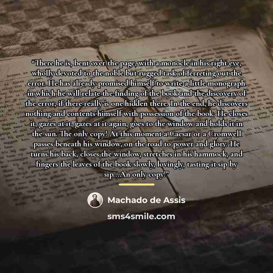 “There he is, bent over the page, with a monocle in his right eye, wholly devoted to the noble but rugged task of ferreting out the error. He has already promised himself to write a little monograph in which he will relate the finding of the book and the discovery of the error, if there really is…” quote by Machado de Assis
