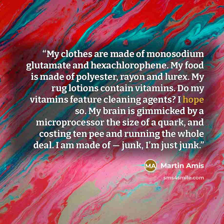 “My clothes are made of monosodium glutamate and hexachlorophene. My food is made of polyester, rayon and lurex. My rug lotions contain vitamins. Do my vitamins feature cleaning agents? I hope so. My brain is gimmicked by a microprocessor the size of a quark, and costing ten pee and running the…” quote by Martin Amis