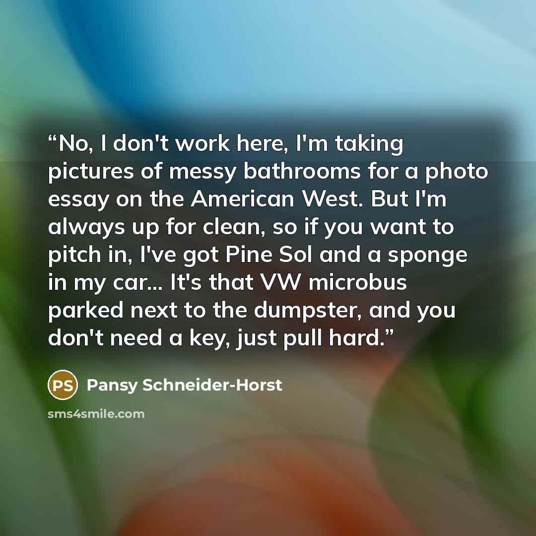 “No, I don't work here, I'm taking pictures of messy bathrooms for a photo essay on the American West. But I'm always up for clean, so if you want to pitch in, I've got Pine Sol and a sponge in my car... It's that VW microbus parked next to the dumpster, and you don't need a key, just pull hard.” quote by Pansy Schneider-Horst
