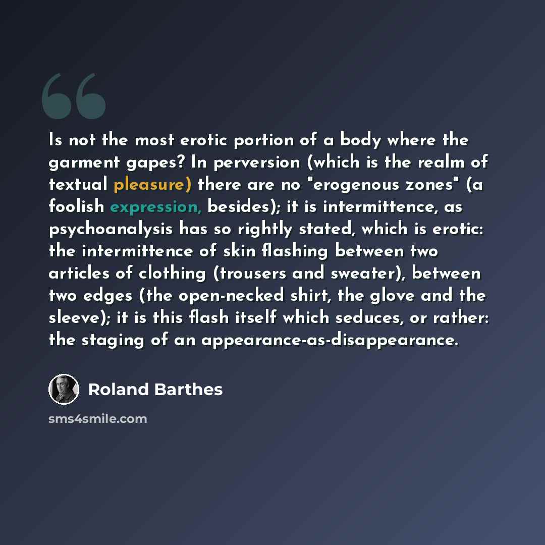 “Is not the most erotic portion of a body where the garment gapes? In perversion (which is the realm of textual pleasure) there are no "erogenous zones" (a foolish expression, besides); it is intermittence, as psychoanalysis has so rightly stated, which is erotic: the intermittence of skin flashing…” quote by Roland Barthes
