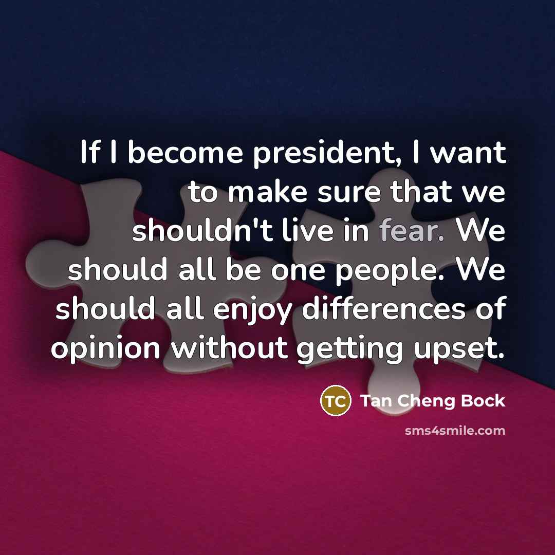 “If I become president, I want to make sure that we shouldn't live in fear. We should all be one people. We should all enjoy differences of opinion without getting upset.” quote by Tan Cheng Bock