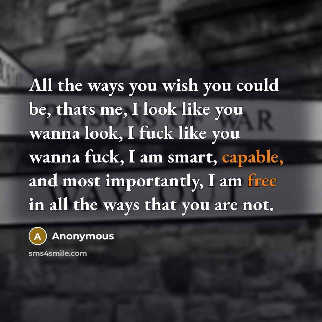 “All the ways you wish you could be, thats me, I look like you wanna look, I fuck like you wanna fuck, I am smart, capable, and most importantly, I am free in all the ways that you are not.” quote by Anonymous