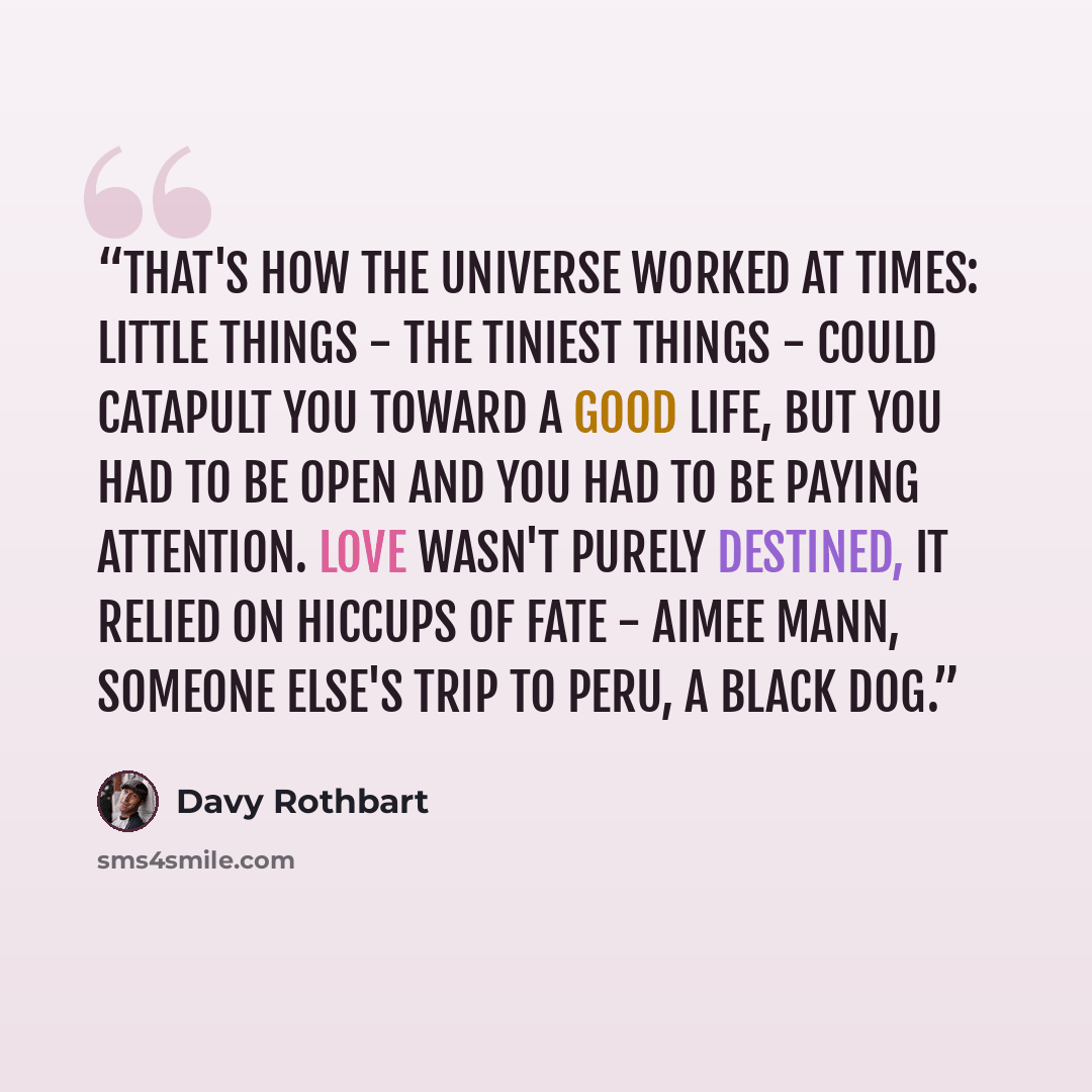 “That's how the universe worked at times: little things - the tiniest things - could catapult you toward a good life, but you had to be open and you had to be paying attention. Love wasn't purely destined, it relied on hiccups of fate - Aimee Mann, someone else's trip to Peru, a black dog.” quote by Davy Rothbart