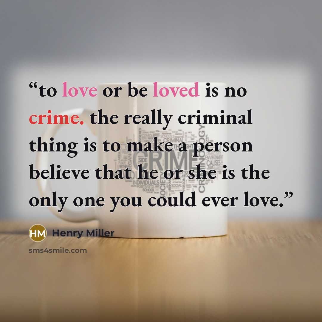 “to love or be loved is no crime. the really criminal thing is to make a person believe that he or she is the only one you could ever love.” quote by Henry Miller