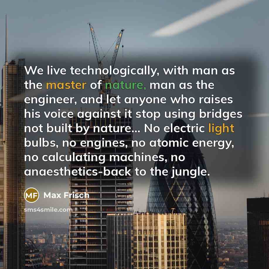 “We live technologically, with man as the master of nature, man as the engineer, and let anyone who raises his voice against it stop using bridges not built by nature… No electric light bulbs, no engines, no atomic energy, no calculating machines, no anaesthetics-back to the jungle.” quote by Max Frisch