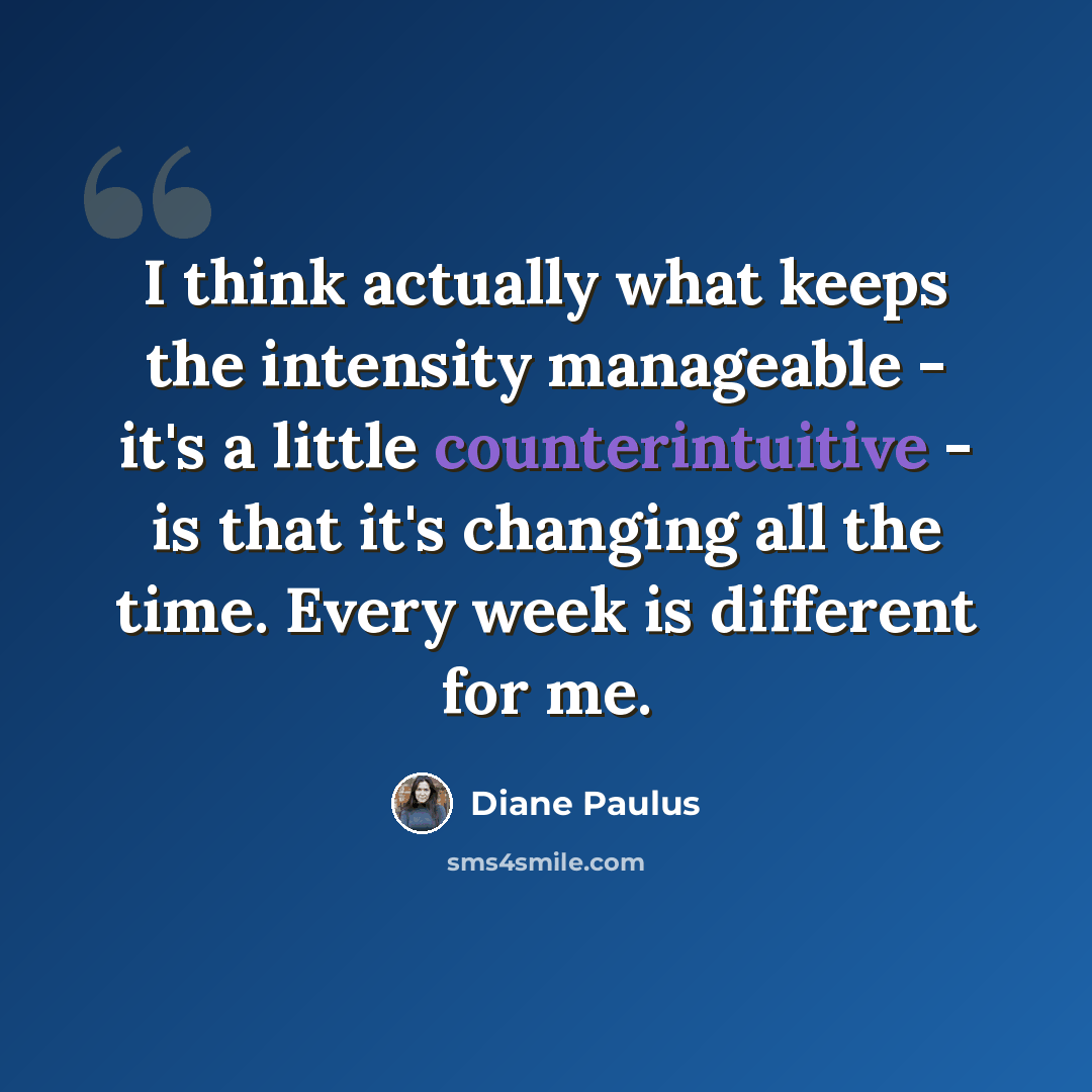 “I think actually what keeps the intensity manageable - it's a little counterintuitive - is that it's changing all the time. Every week is different for me.” quote by Diane Paulus
