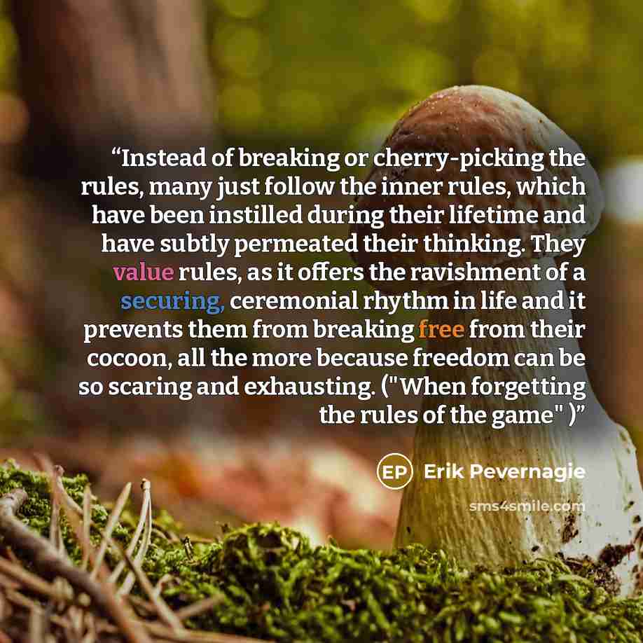 “Instead of breaking or cherry-picking the rules, many just follow the inner rules, which have been instilled during their lifetime and have subtly permeated their thinking. They value rules, as it offers the ravishment of a securing, ceremonial rhythm in life and it prevents them from breaking…” quote by Erik Pevernagie