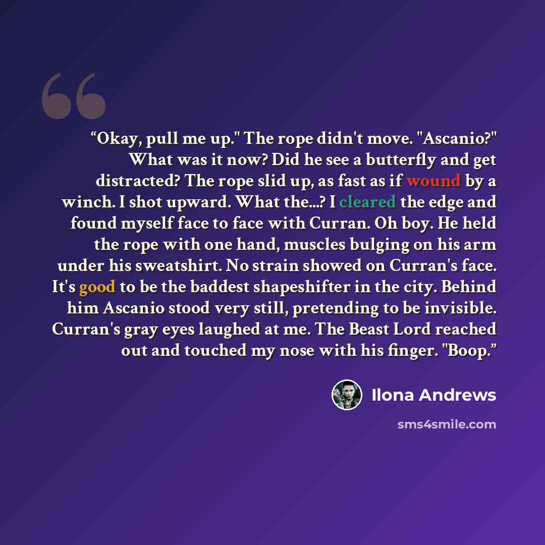 “Okay, pull me up." The rope didn't move. "Ascanio?" What was it now? Did he see a butterfly and get distracted? The rope slid up, as fast as if wound by a winch. I shot upward. What the...? I cleared the edge and found myself face to face with Curran. Oh boy. He held the rope with one hand…” quote by Ilona Andrews