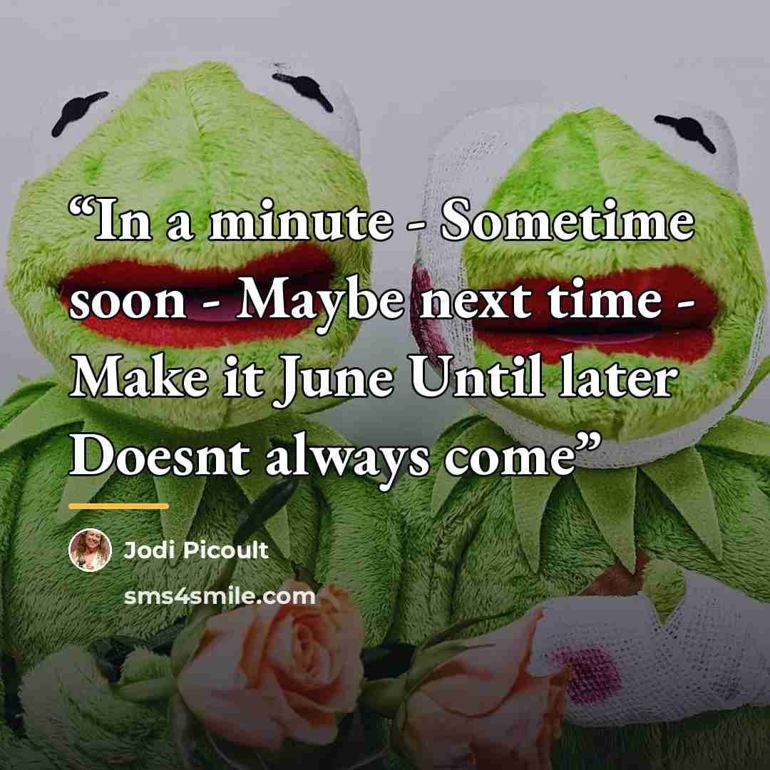 “In a minute - Sometime soon - Maybe next time - Make it June Until later Doesnt always come” quote by Jodi Picoult