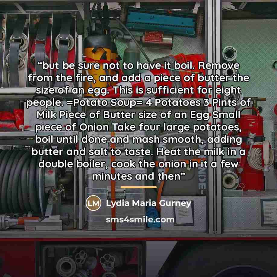“but be sure not to have it boil. Remove from the fire, and add a piece of butter the size of an egg. This is sufficient for eight people. =Potato Soup= 4 Potatoes 3 Pints of Milk Piece of Butter size of an Egg Small piece of Onion Take four large potatoes, boil until done and mash smooth, adding…” quote by Lydia Maria Gurney