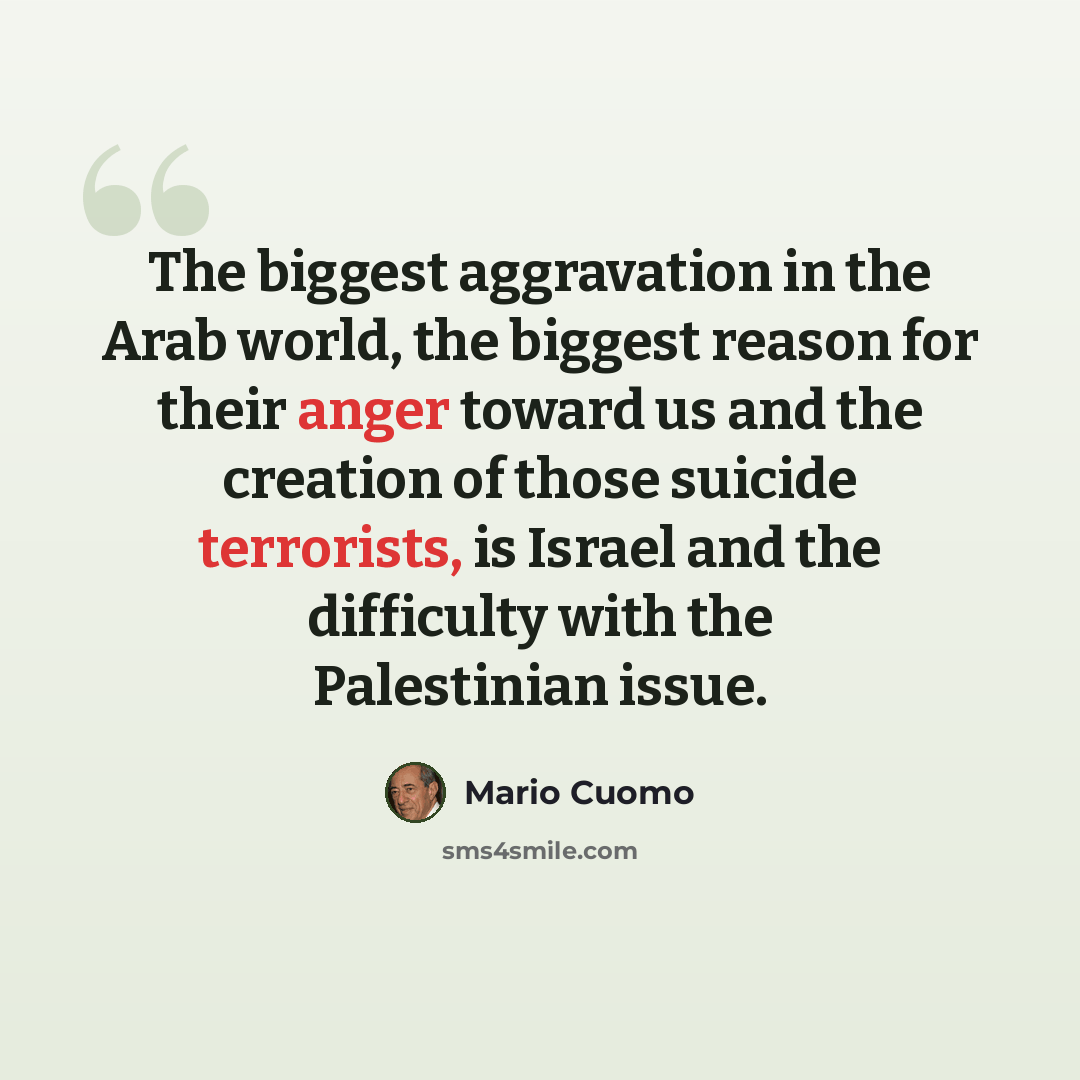 “The biggest aggravation in the Arab world, the biggest reason for their anger toward us and the creation of those suicide terrorists, is Israel and the difficulty with the Palestinian issue.” quote by Mario Cuomo