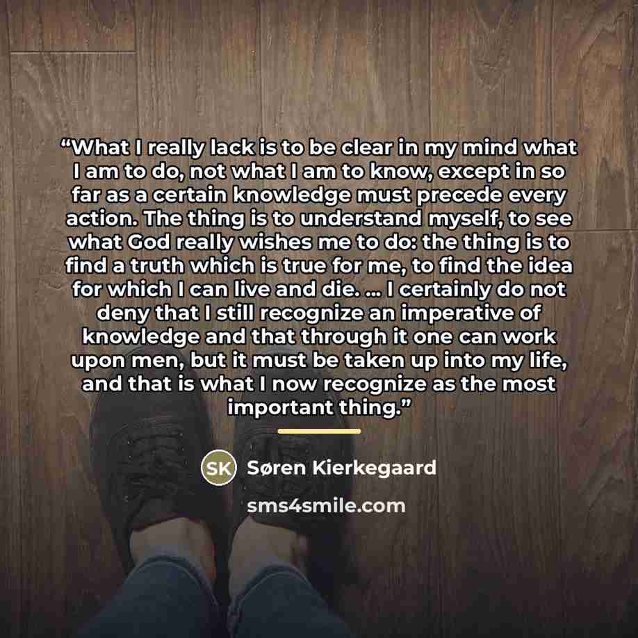 “What I really lack is to be clear in my mind what I am to do, not what I am to know, except in so far as a certain knowledge must precede every action. The thing is to understand myself, to see what God really wishes me to do: the thing is to find a truth which is true for me, to find the idea for…” quote by Søren Kierkegaard
