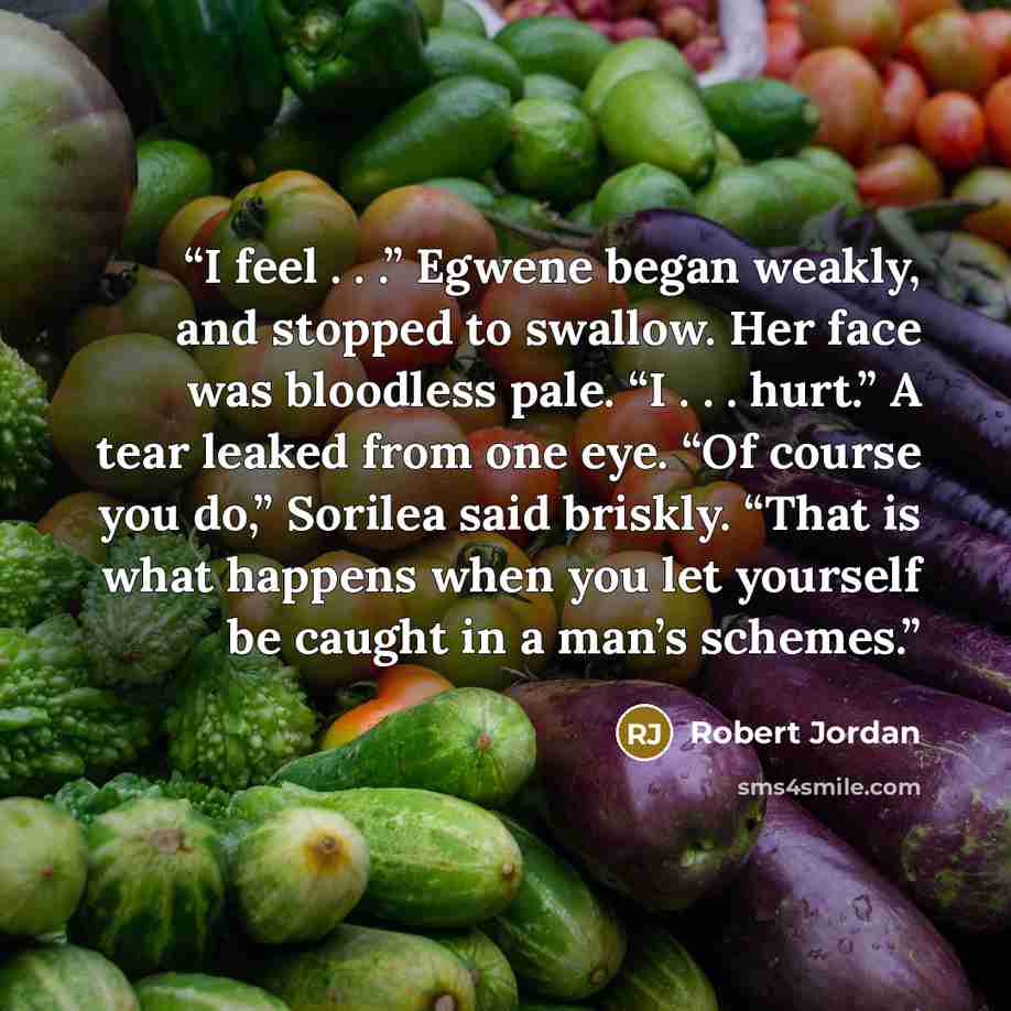 “I feel . . .” Egwene began weakly, and stopped to swallow. Her face was bloodless pale. “I . . . hurt.” A tear leaked from one eye. “Of course you do,” Sorilea said briskly. “That is what happens when you let yourself be caught in a man’s schemes.” quote by Robert Jordan