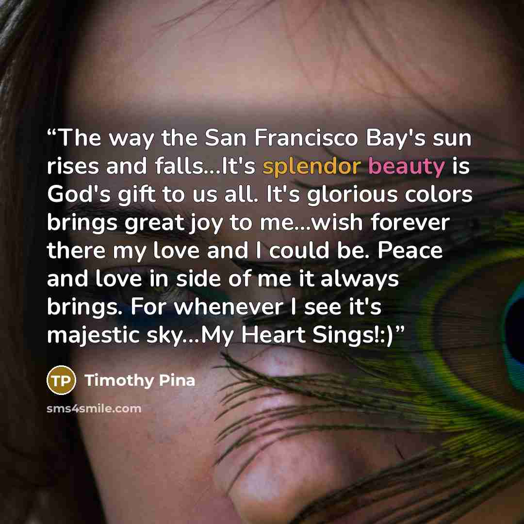 “The way the San Francisco Bay's sun rises and falls...It's splendor beauty is God's gift to us all. It's glorious colors brings great joy to me...wish forever there my love and I could be. Peace and love in side of me it always brings. For whenever I see it's majestic sky...My Heart Sings!:)” quote by Timothy Pina