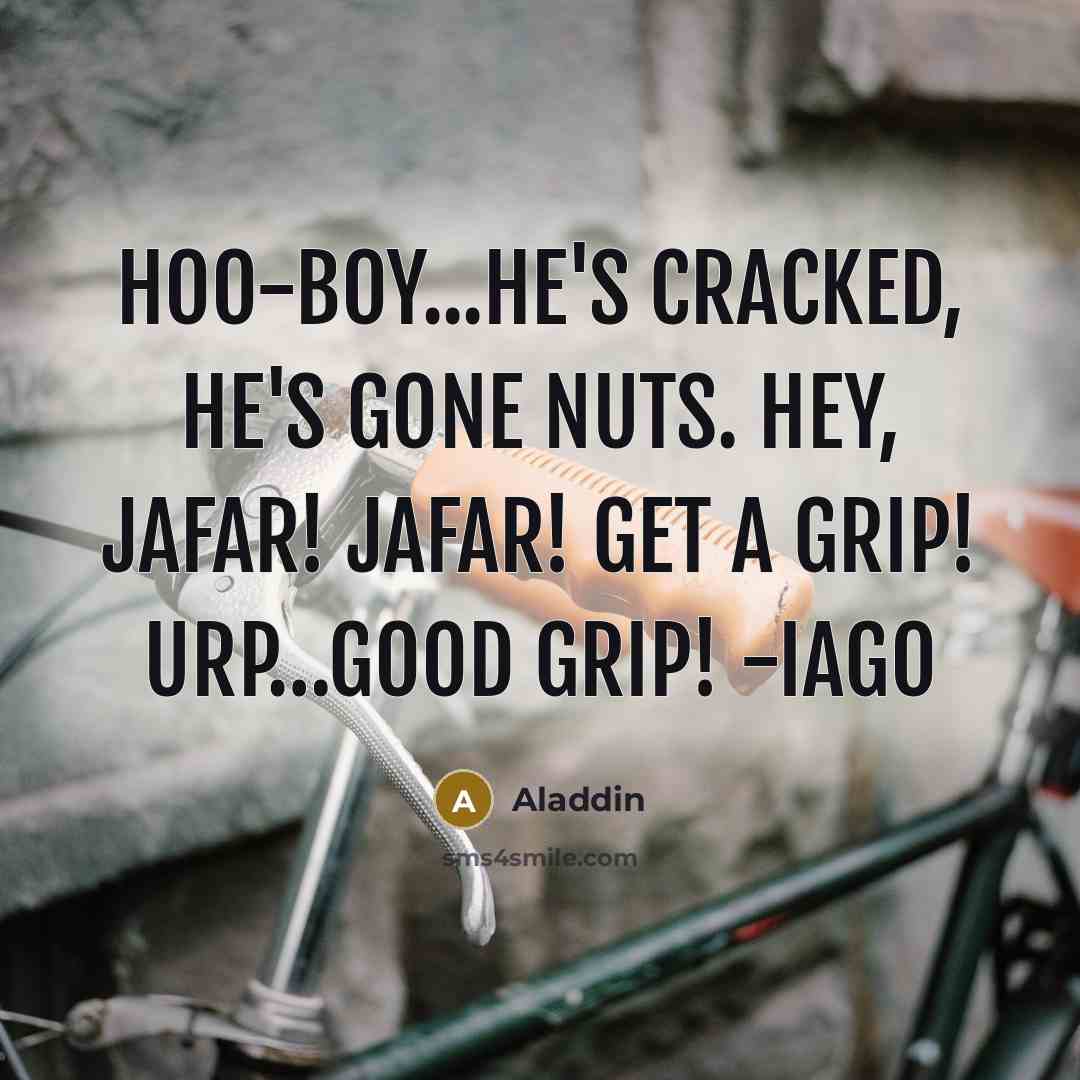 “Hoo-boy...he's cracked, he's gone nuts. Hey, Jafar! JAFAR! GET A GRIP! Urp…good grip! -Iago” quote by Aladdin