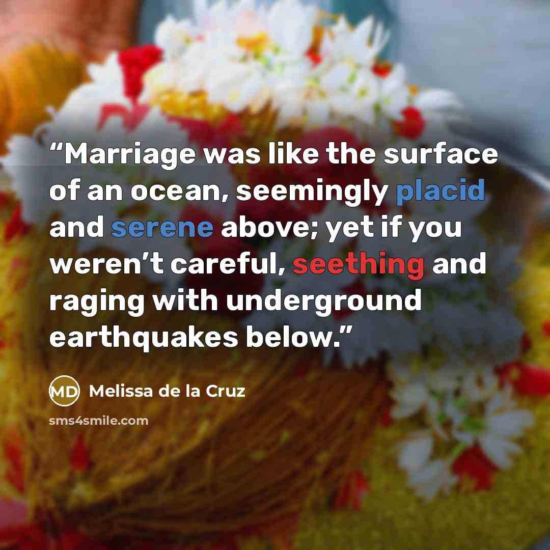 “Marriage was like the surface of an ocean, seemingly placid and serene above; yet if you weren’t careful, seething and raging with underground earthquakes below.” quote by Melissa de la Cruz
