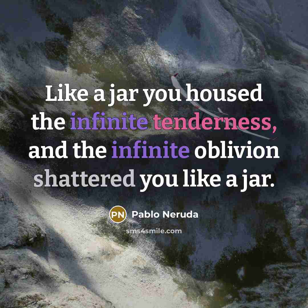 “Like a jar you housed the infinite tenderness, and the infinite oblivion shattered you like a jar.” quote by Pablo Neruda