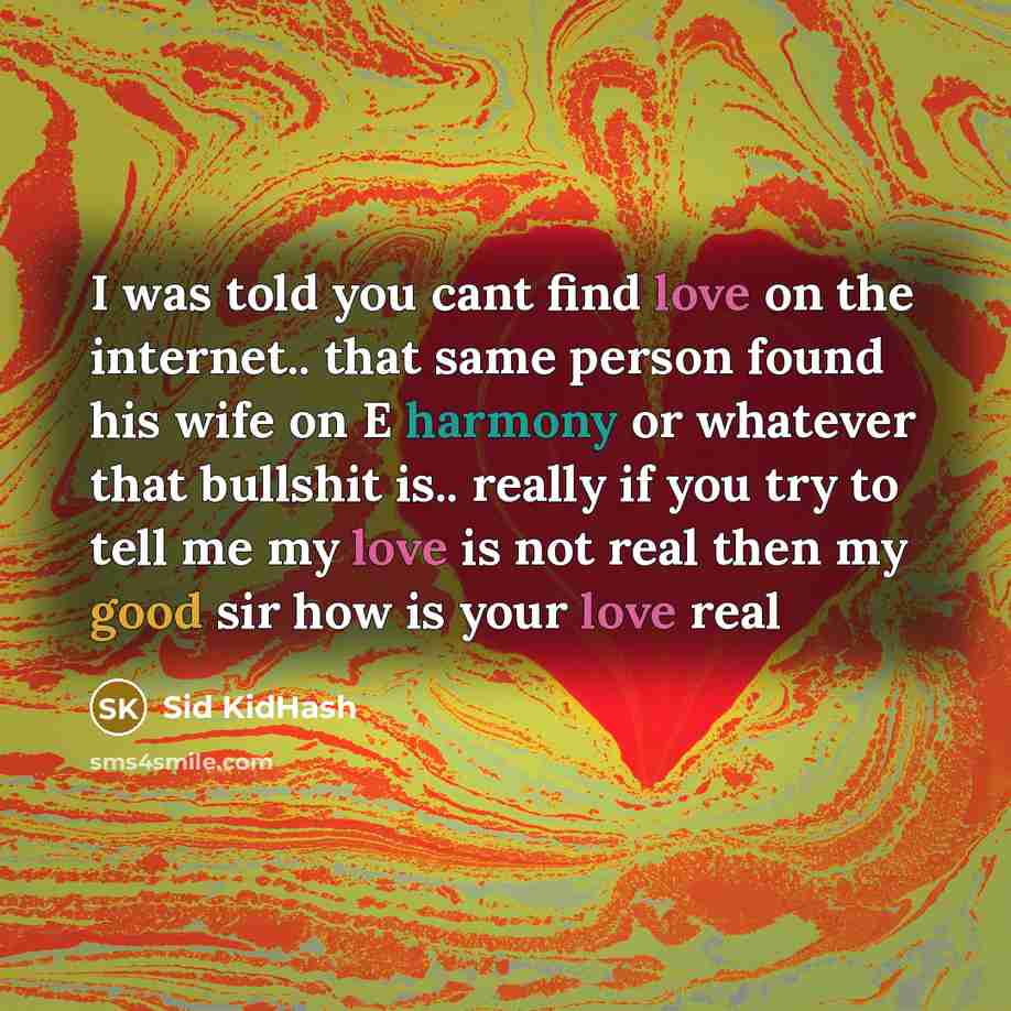 “I was told you cant find love on the internet.. that same person found his wife on E harmony or whatever that bullshit is.. really if you try to tell me my love is not real then my good sir how is your love real” quote by Sid KidHash